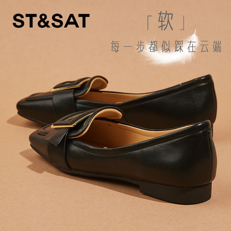星期六真皮方头单鞋气质方扣低跟瓢鞋2025秋季新款真皮浅口小皮鞋