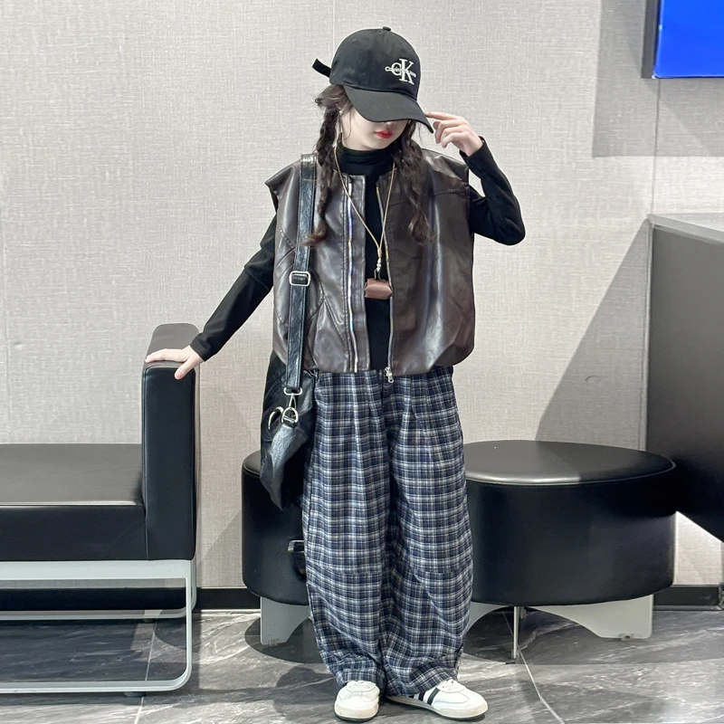 女童皮衣马甲三件套春秋2025新款女大童韩系穿搭儿童早秋洋气套装