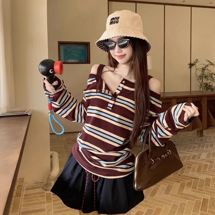 春秋款百搭老钱风女装长袖T恤韩版大码吊带一字肩ins撞色棉质小衫