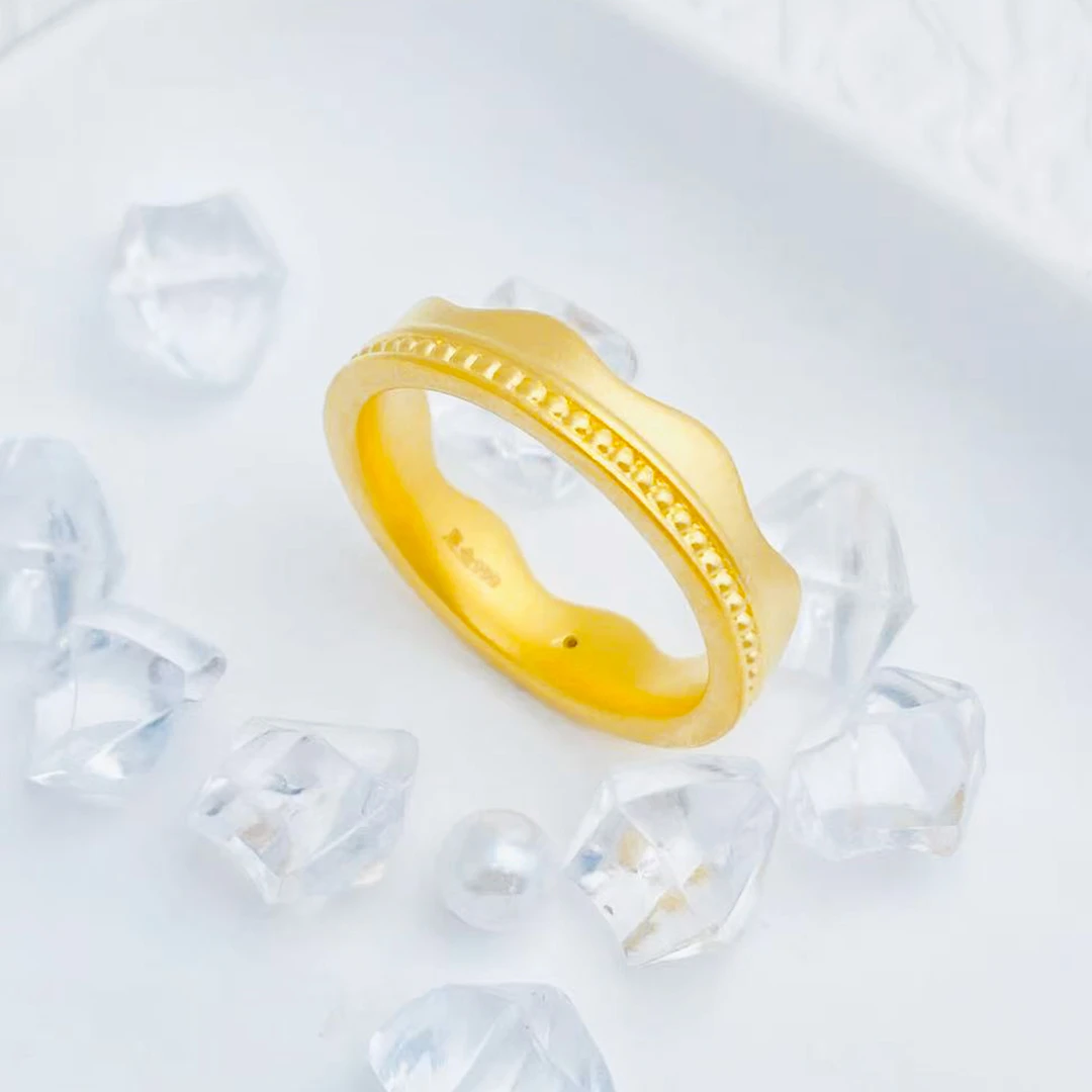 【国潮】足金999  皇冠金珠波纹戒指 1.45 16圈口