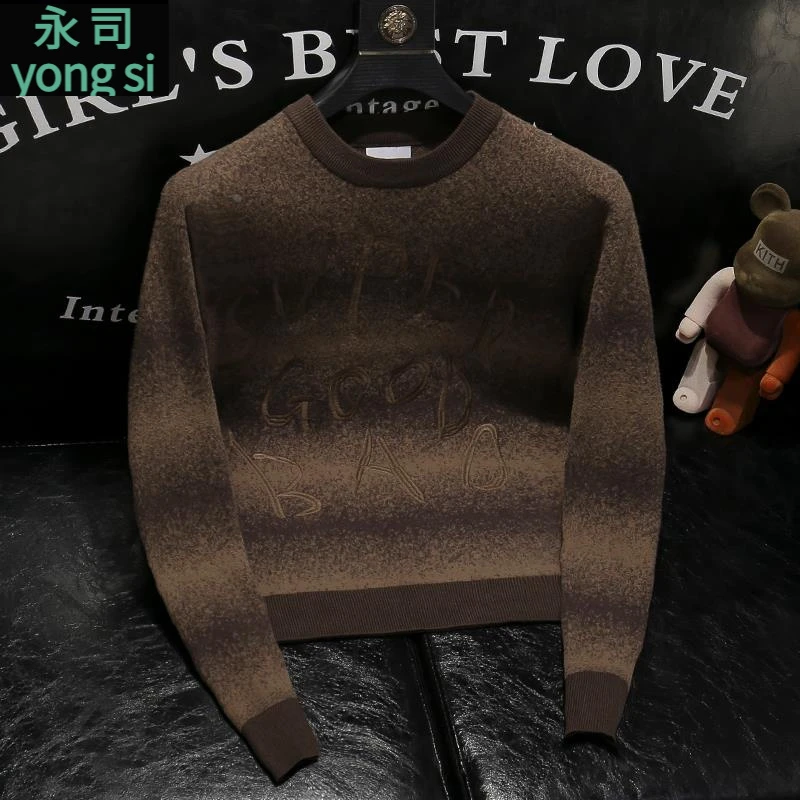 2025新款韩版男士圆领长袖针织衫复古拼色字母刺绣毛衣打底衫