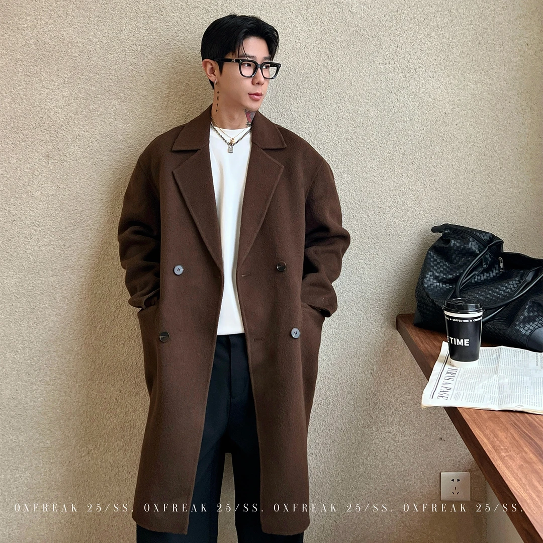 OXFREAK「黑标支线 高端纯羊毛」双排扣毛呢大衣男中长款保暖外套