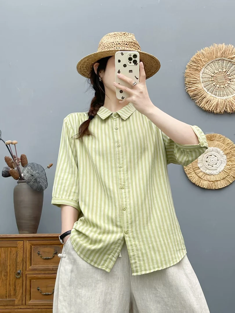 2025年夏季新款色织条纹七分袖衬衫棉纱休闲上衣女9681