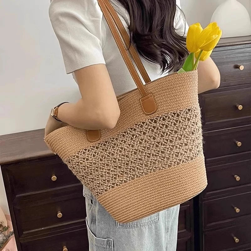 镂空特色草编包女大容量编织夏日沙滩包单肩通勤托特包度假单肩包