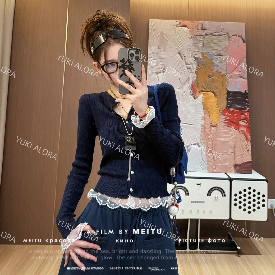 【LLU李】蕾丝拼接针织衫百搭显瘦外套简约开衫 LLU-0034