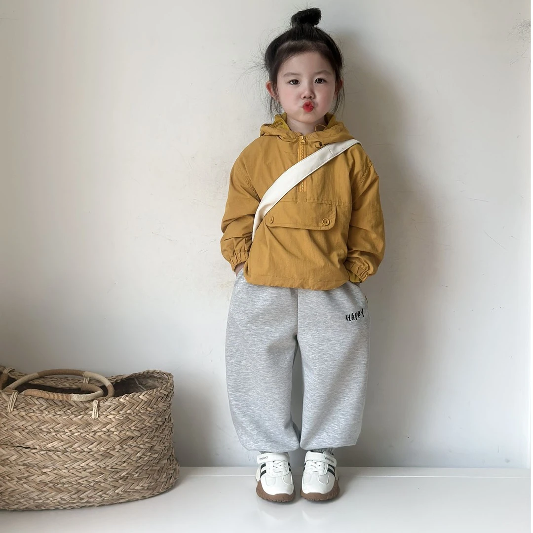 桔黄男童女童上衣2025秋款春秋新品纯色连帽外套男宝宝套头冲风衣