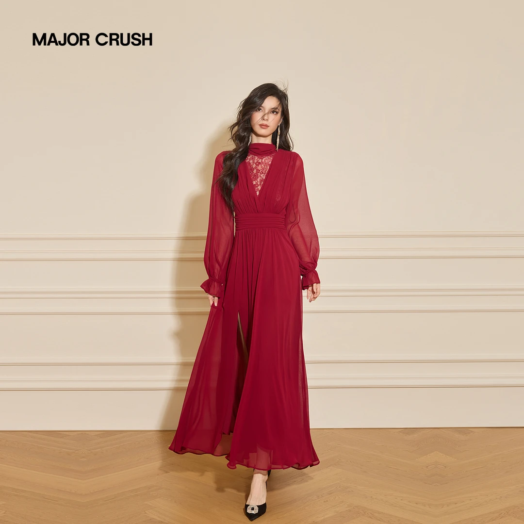MAJOR CRUSH秋季新款漫野玫瑰连衣裙红色蕾丝设计感优雅长裙7486