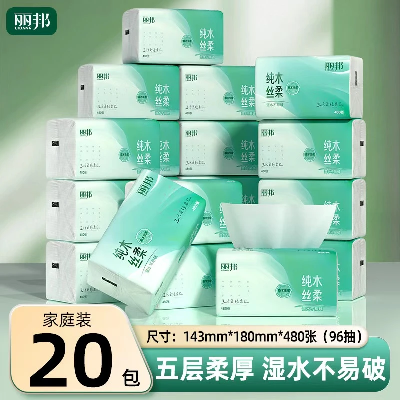 丽邦纯木丝柔抽纸5层柔厚20大包480张大尺寸抽纸轻柔家用