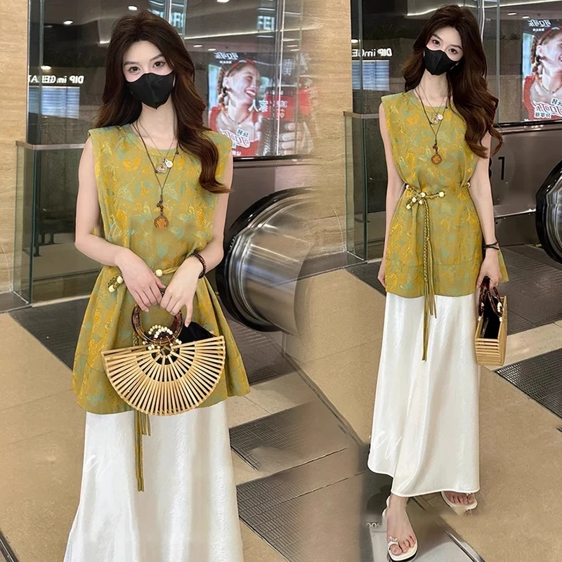 拉夏贝尔新中式后妈裙套装女2025年夏季提花马甲背心半身裙三件套