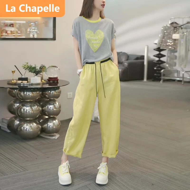 拉夏贝尔少女休闲时尚套装女夏季宽松显瘦印花短袖圆领T恤两件套