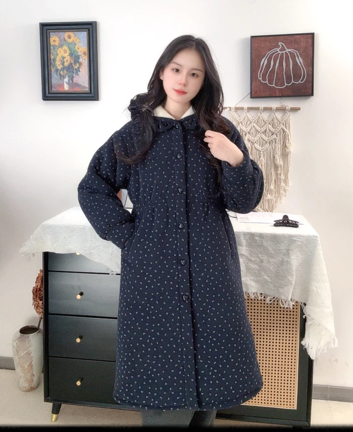 【米舒绒】女士加绒加厚可外穿家居服连帽宽松秋冬季碎花长款大衣