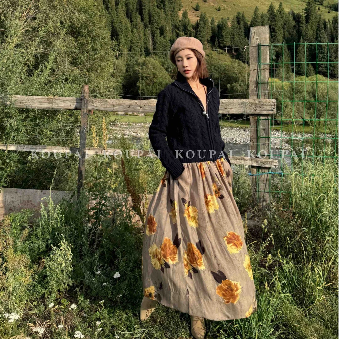 【秋款上新】高腰花朵薄款半身裙印花女装秋冬复古法式宽松碎花时尚