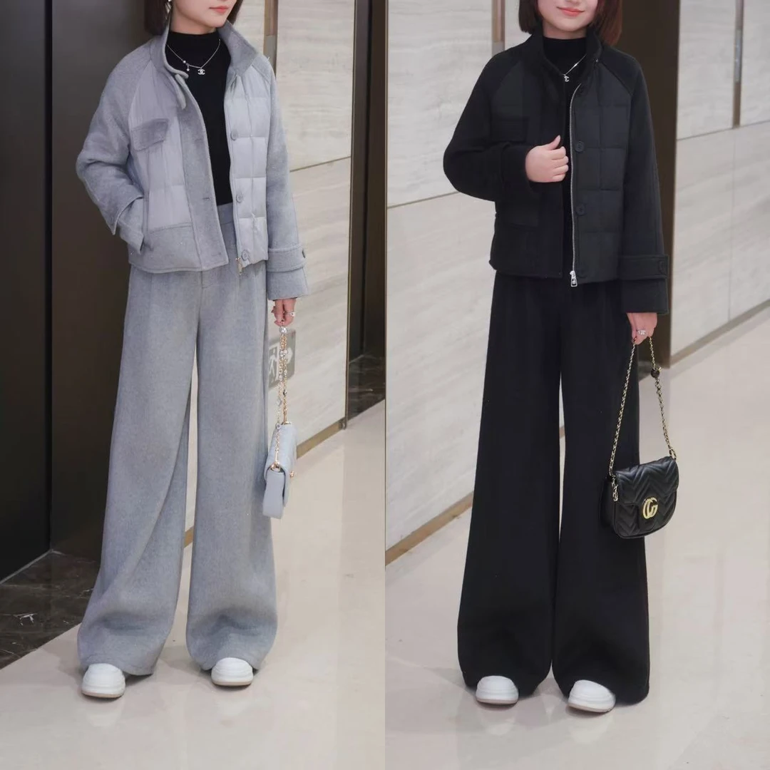 【星空星耀】欧货设计感加厚毛呢洋气拼接棉服+衣阔腿裤两件套女冬