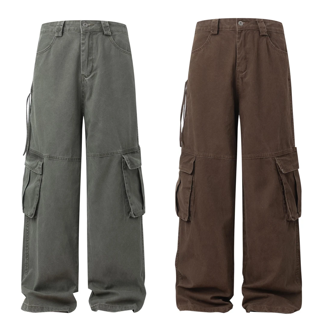DERT 水洗飘带工装裤  Vintage做旧珠帆布cargo长裤