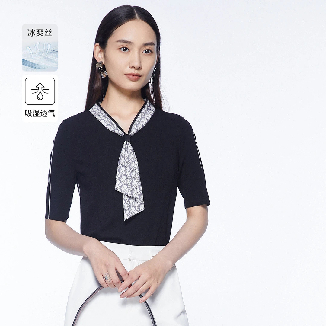 【籽言甄选】【冰丝系列】春夏款法式浪漫飘带修身短袖针织小衫女