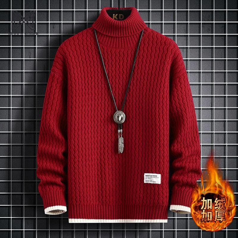 MODEK KODEK男冬季加绒加厚本命年毛衣圣诞节红色针织衫过年衣服