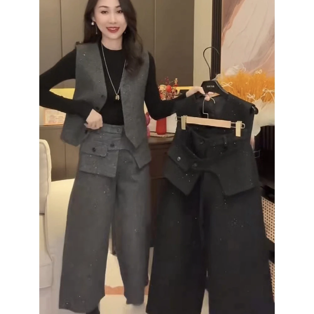 2025年冬季网红新款时尚百搭休闲洋气蝴蝶结马甲打底衫裤子套装女