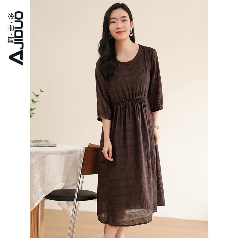 阿吉多长袖连衣裙女春夏新款圆领大码宽松收腰遮肚子七分袖长裙子