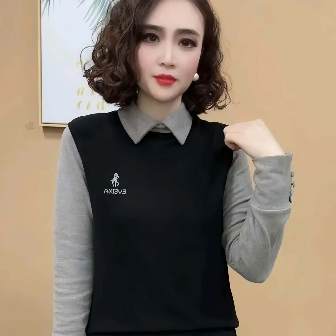 双面德绒保暖打底衫女秋冬中年妈妈装时尚洋气假两件内搭长袖上衣