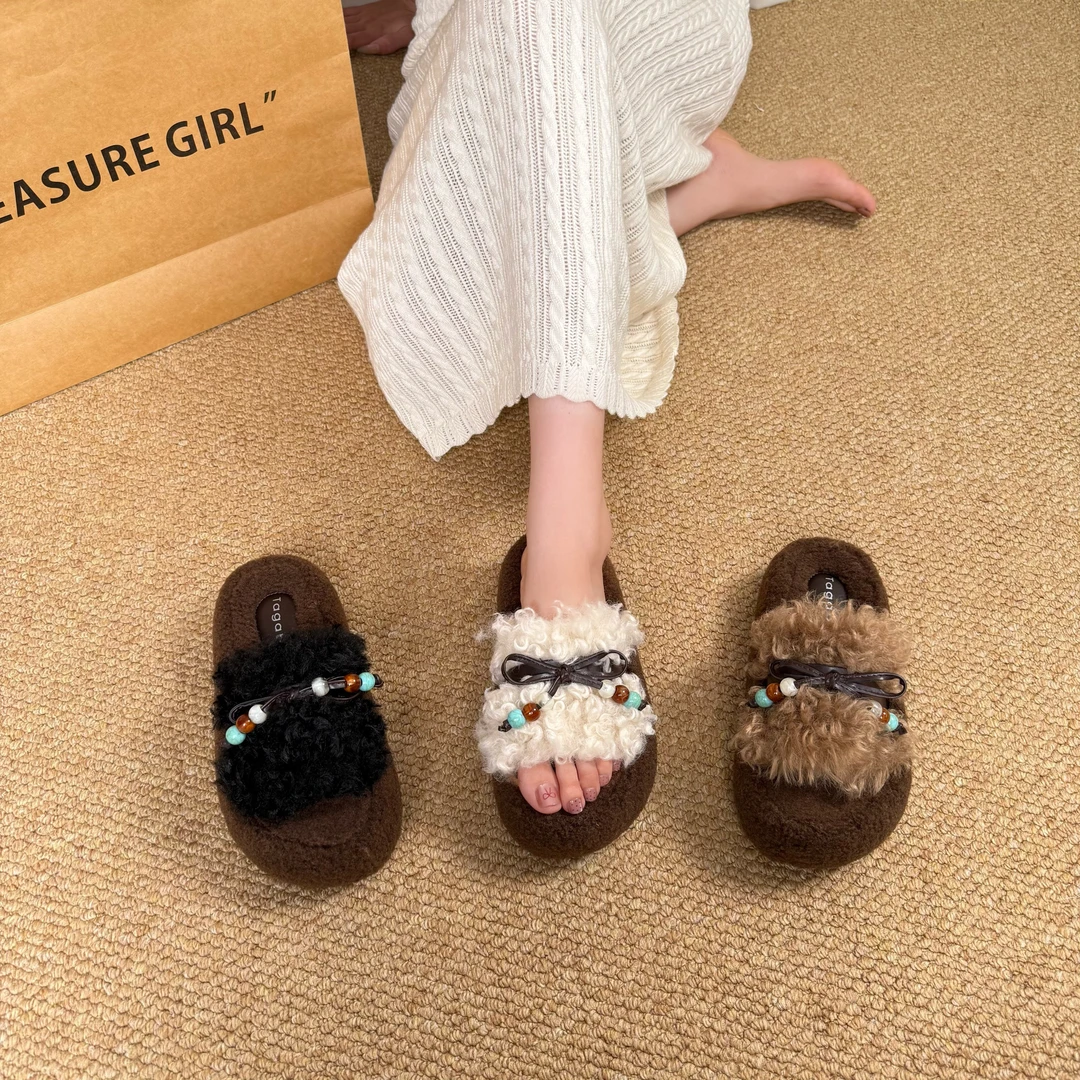 Tagabe厚底外穿高级感毛毛拖鞋女2025秋冬新款百搭时尚串珠一字拖