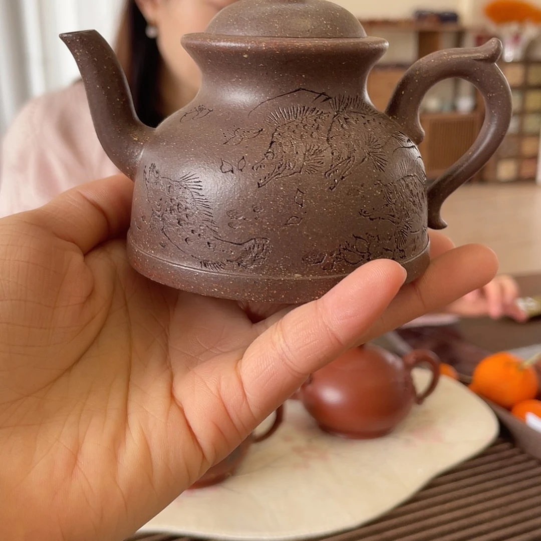 紫砂茶壶天青泥刻绘紫砂壶