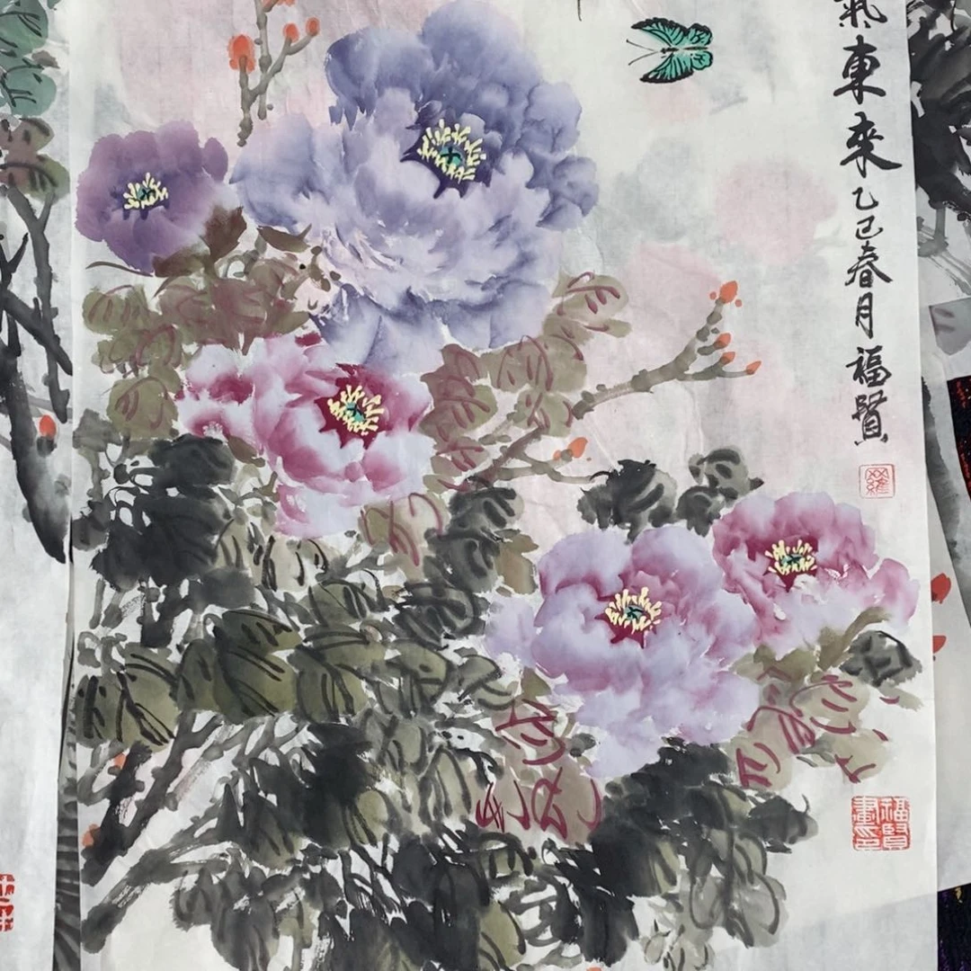国画深*～国画花鸟四尺三开罗福贤 琪