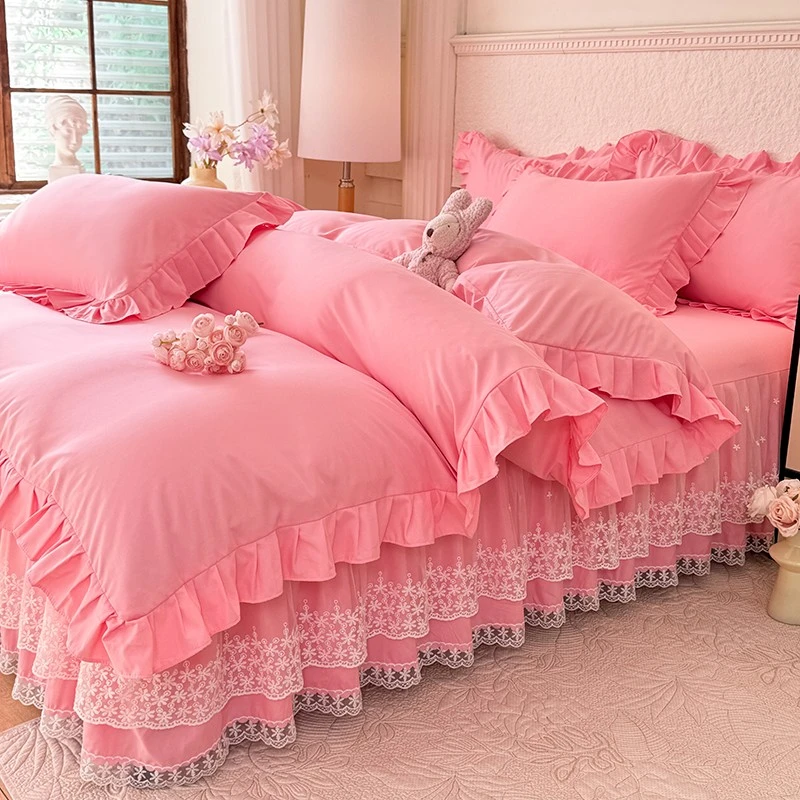 公主风韩版少女心云朵棉床裙四件套法式花边床罩纯色床上用品春夏