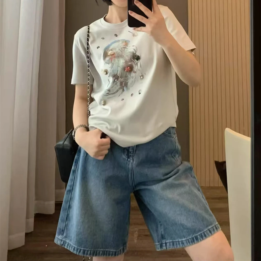 K3316 南油精品！贝壳印花设计感小众正肩短袖T恤 Q962-25D-205