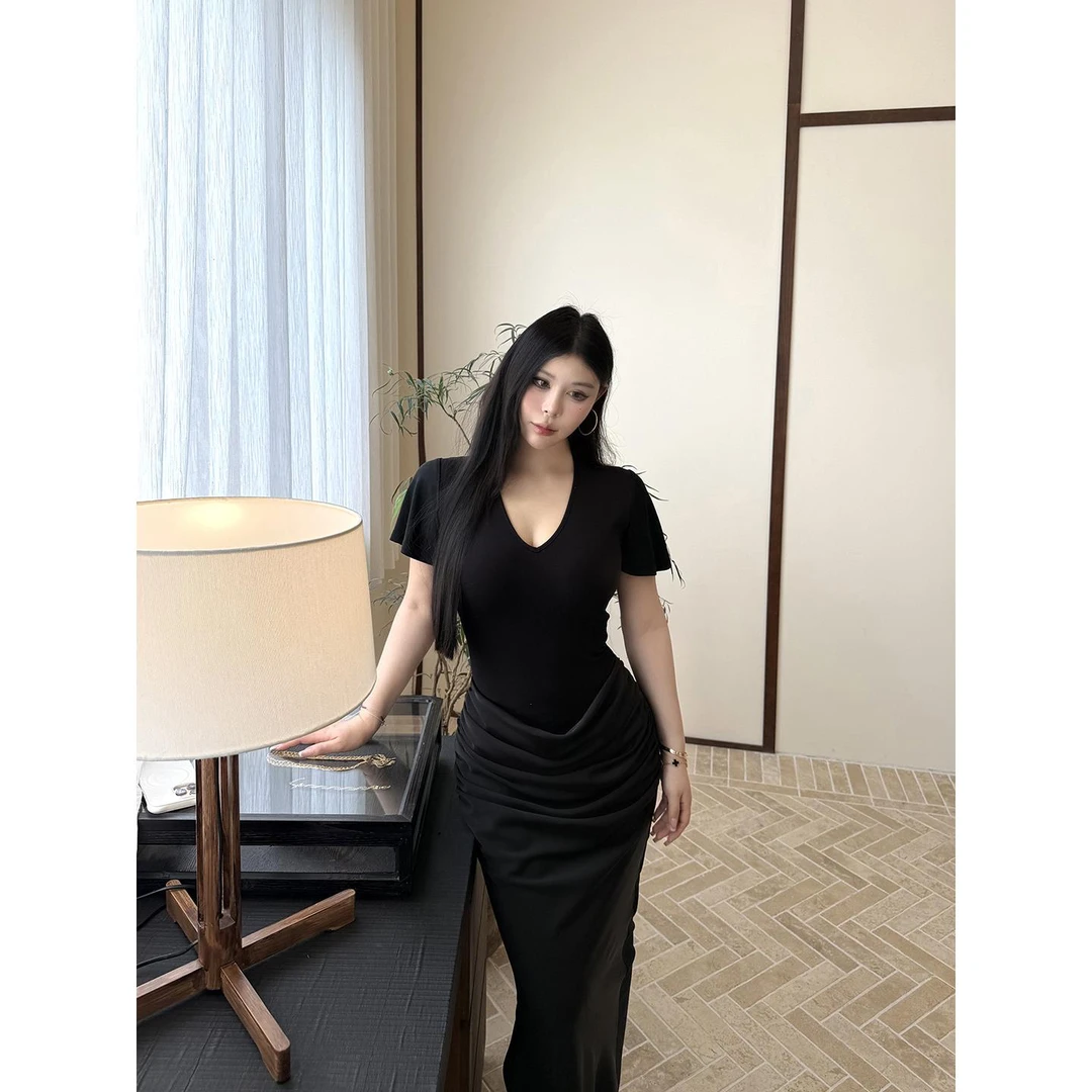 黑泽玄七2025夏季新款垂感新中式连衣裙女微胖mm大码显瘦旗袍裙子