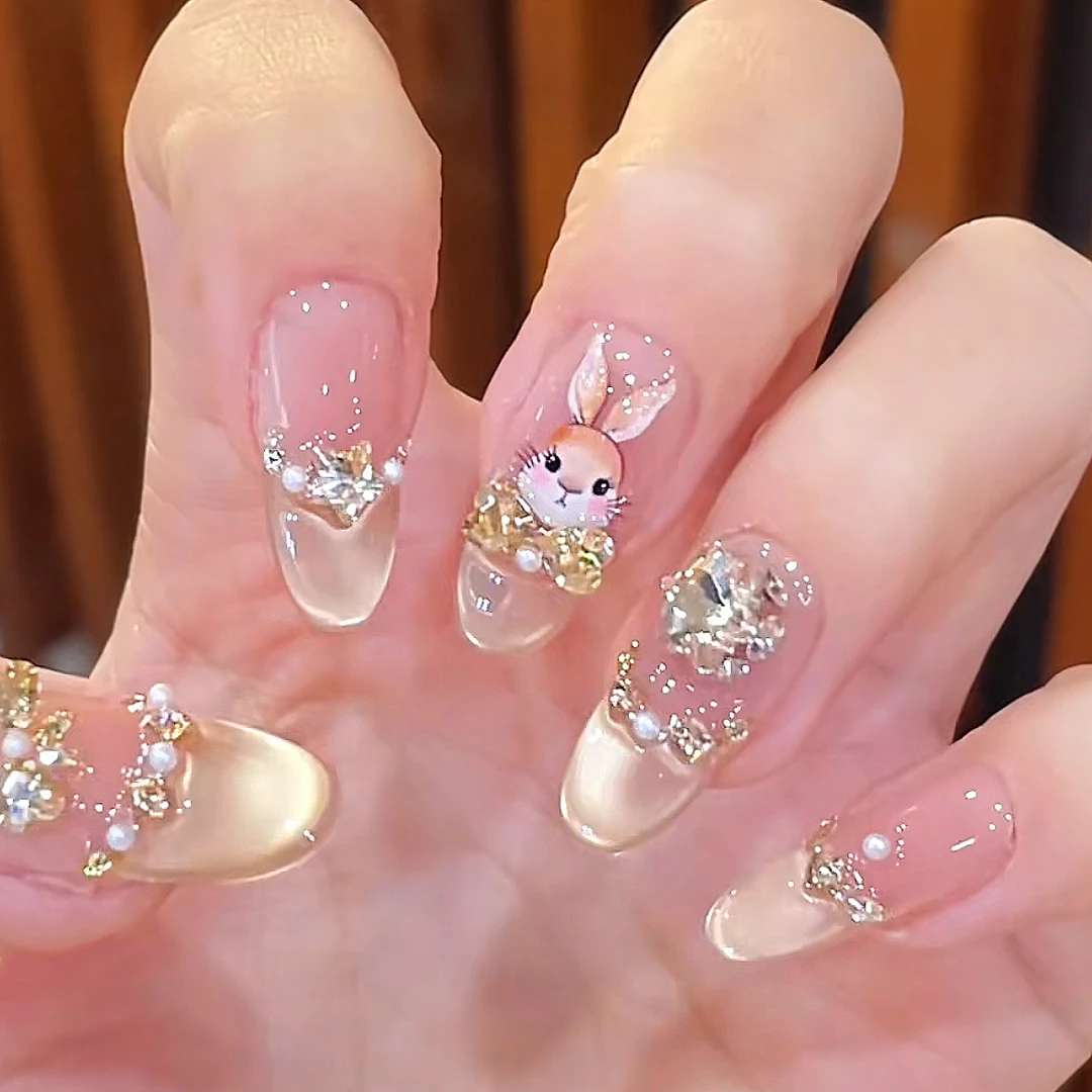 【香槟兔兔】纯手工穿戴甲爆款豹纹美甲显白气质法式猫眼款美甲