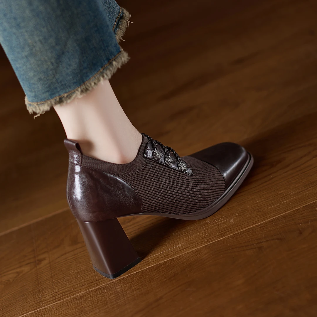 小个子增高7.5cm~方头粗跟高跟鞋新款拼接深口单鞋女不累脚小皮鞋