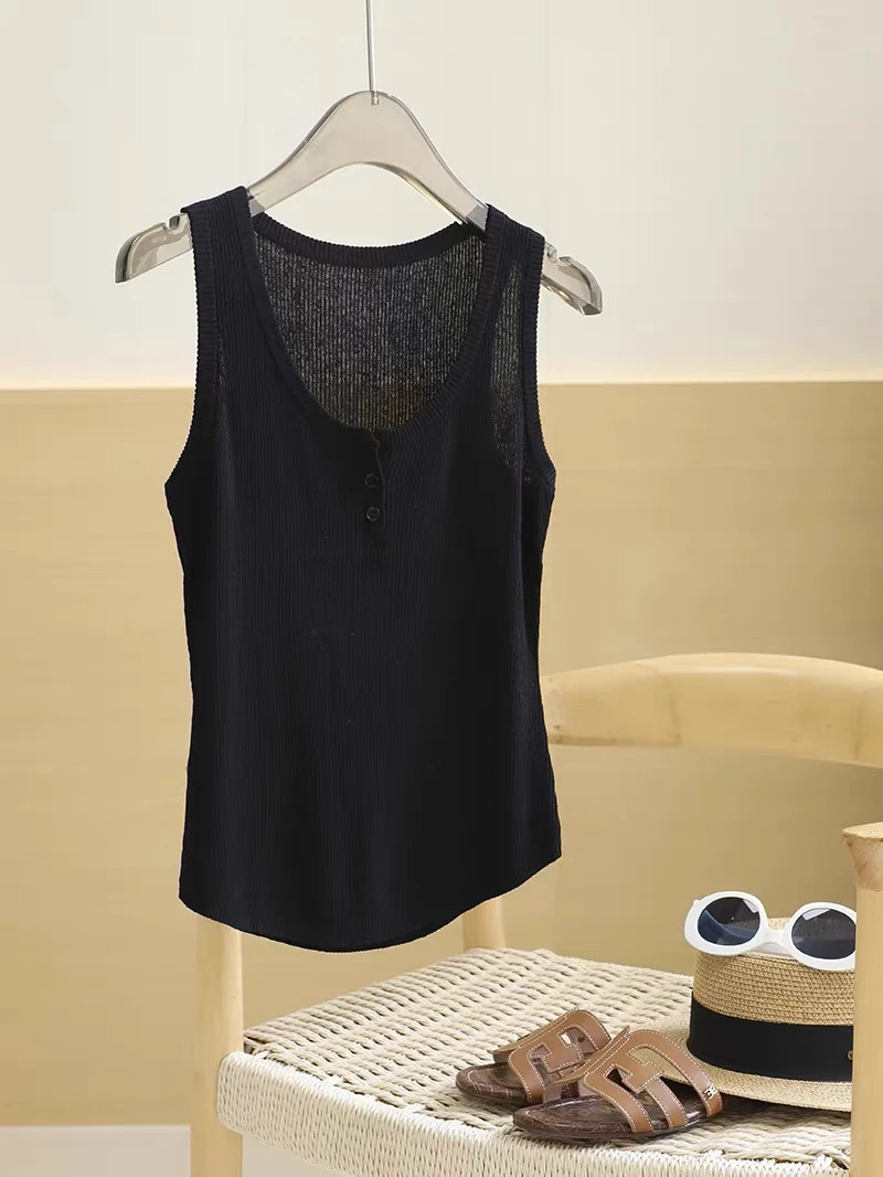 【ZZYZ】二粒扣薄款遮副乳圆领纽扣简约修身螺纹针织打底背心吊带