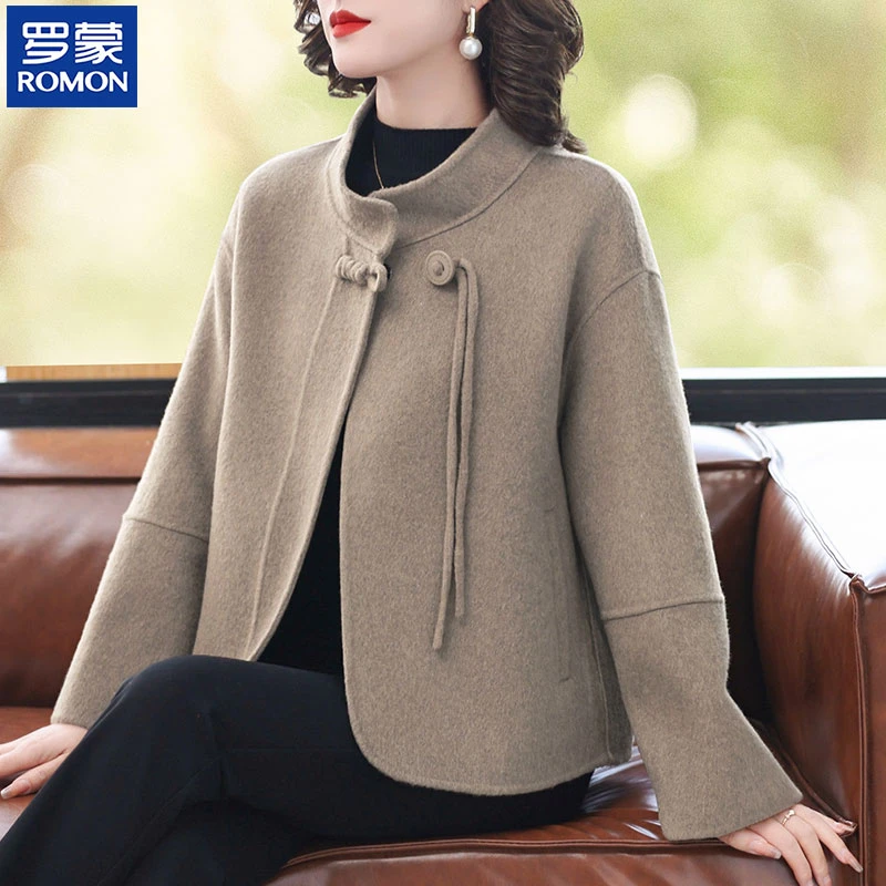 罗蒙妈妈春装毛呢外套阔太太双面羊绒大衣中老年女春秋呢子上衣服
