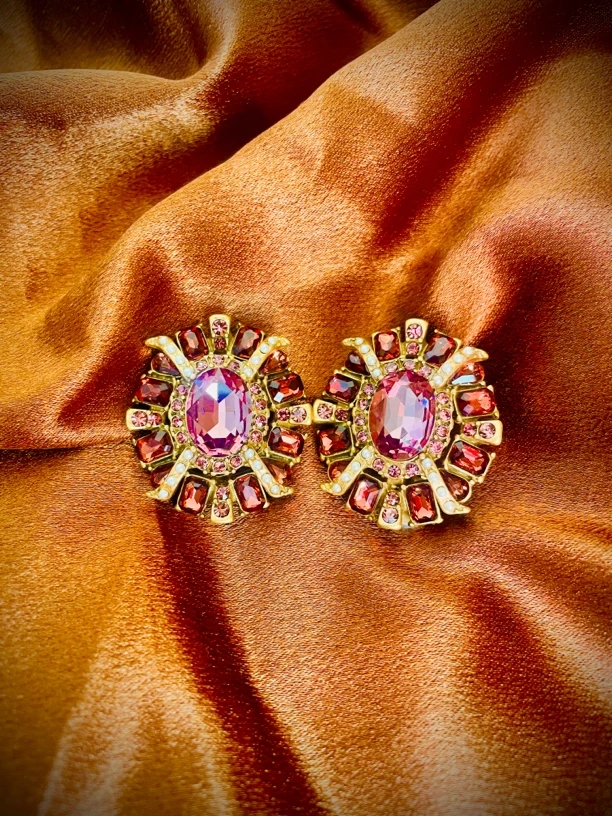 铜合金锆石耳饰 铜合金Vintage法式密镶满钻花朵系列耳饰