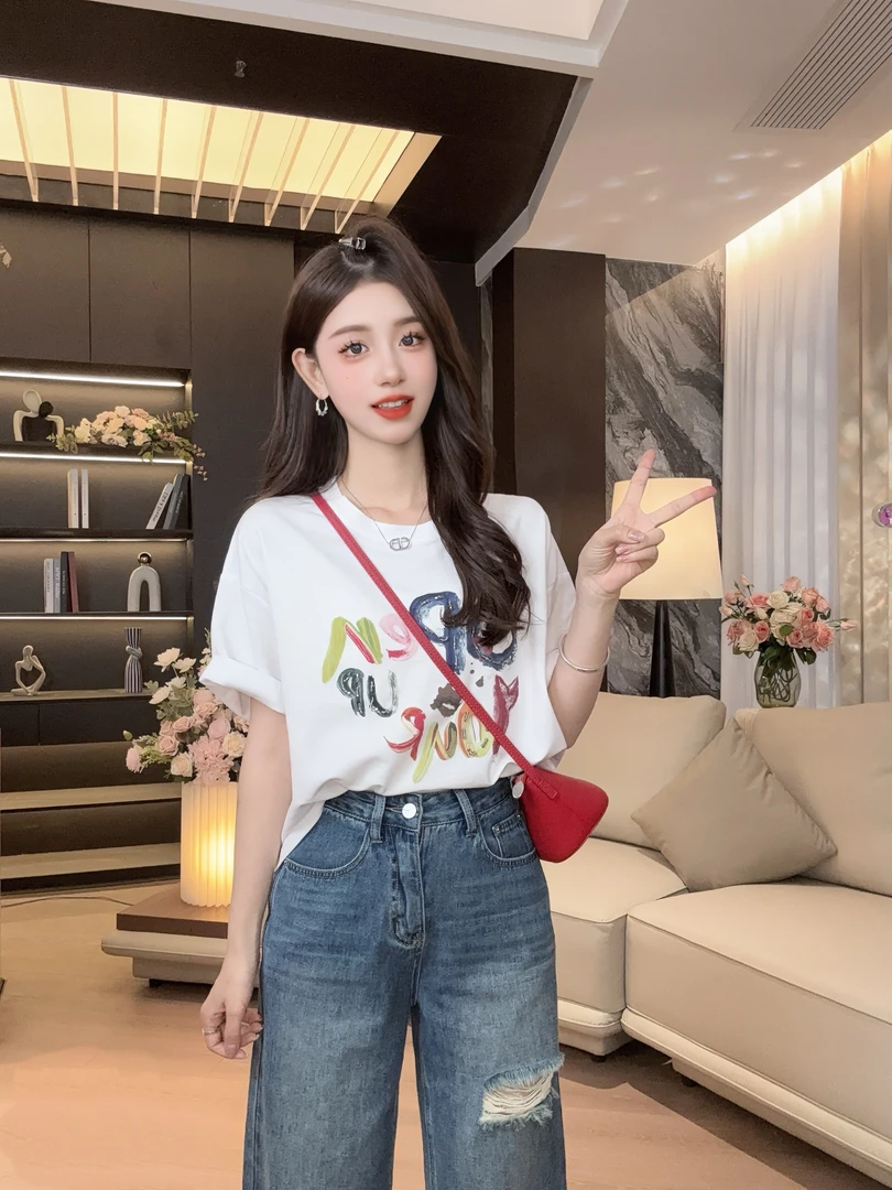 【彩虹方糖】夏季新款时尚百搭设计感彩色字母带钻短袖上衣T1417