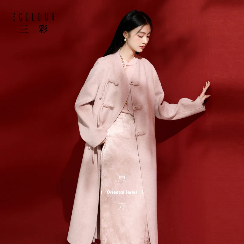 【100绵羊毛】梅影疏斜三彩2025冬季新款盘扣双面呢大衣新中式女C