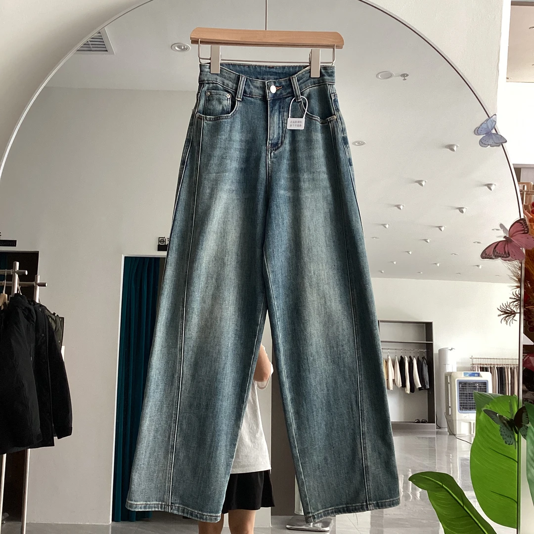 B1-2  6112-3美式复古蓝弯刀裤牛仔裤女夏季宽松阔腿