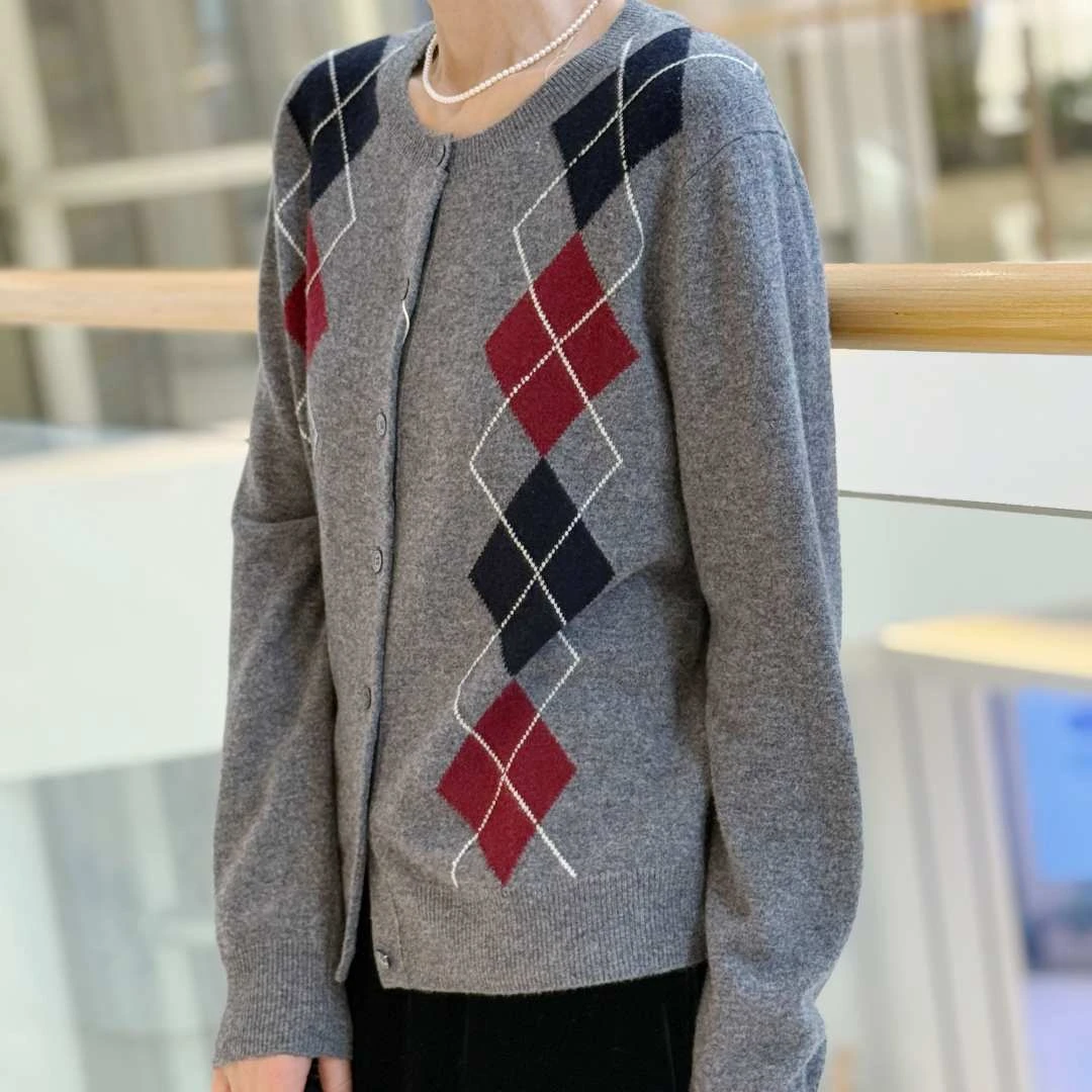 高端定制韩系拼色菱形格羊毛针织开衫女秋冬季新款羊毛衫简约外套