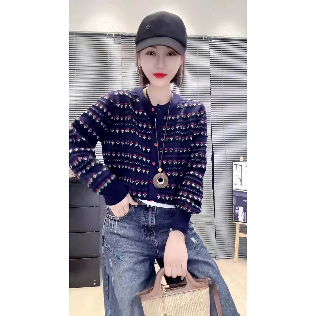 欧货复古藏蓝彩色花朵针织开衫秋季宽松百搭撞色纽扣上衣