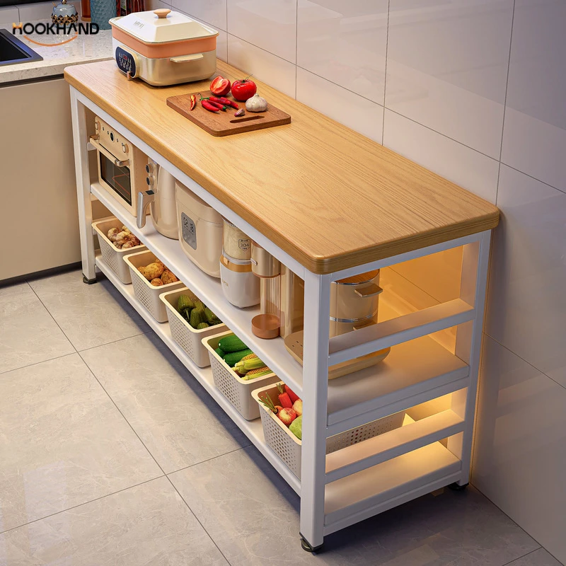 厨房置物架落地多功能切菜桌长条备餐工作台微波炉锅具收纳窄边柜