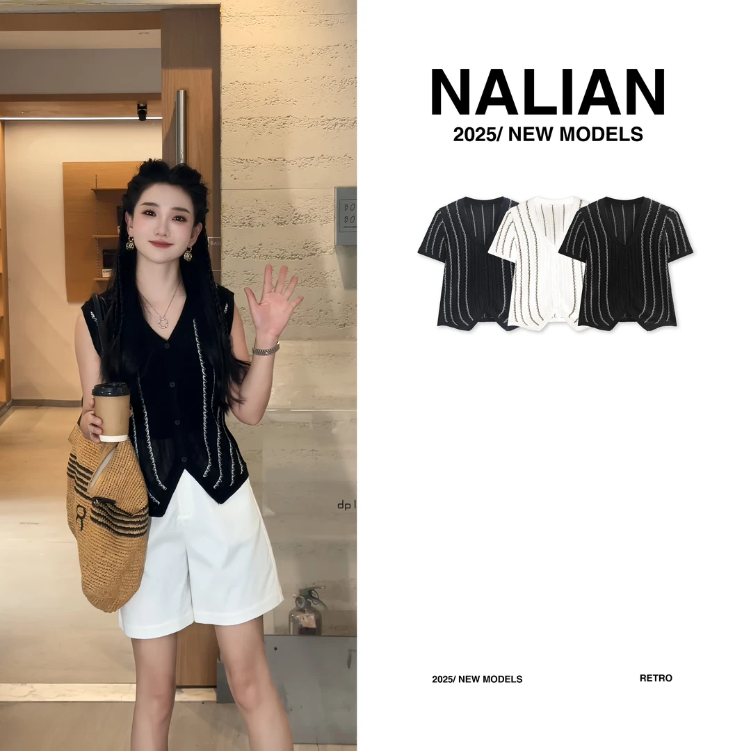 JGCZZ2893#条纹V领法式小众针织短袖上衣2893