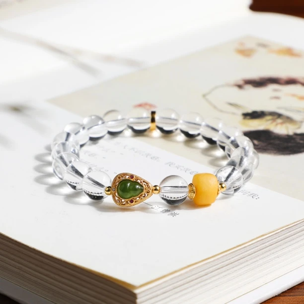 天然8.0mm白水晶手链蜜蜡不规则珠镶嵌和田葫芦925银（多样性发货）