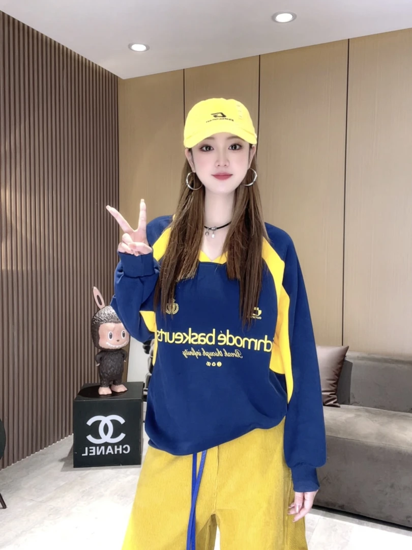 LL6050 美式复古拼接撞色卫衣女秋宽松休闲潮牌oversize长袖上衣