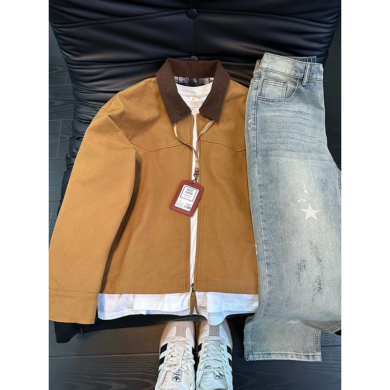 卡其色翻领工装外套男款秋季美式复古vintage短款棒球服情侣夹克