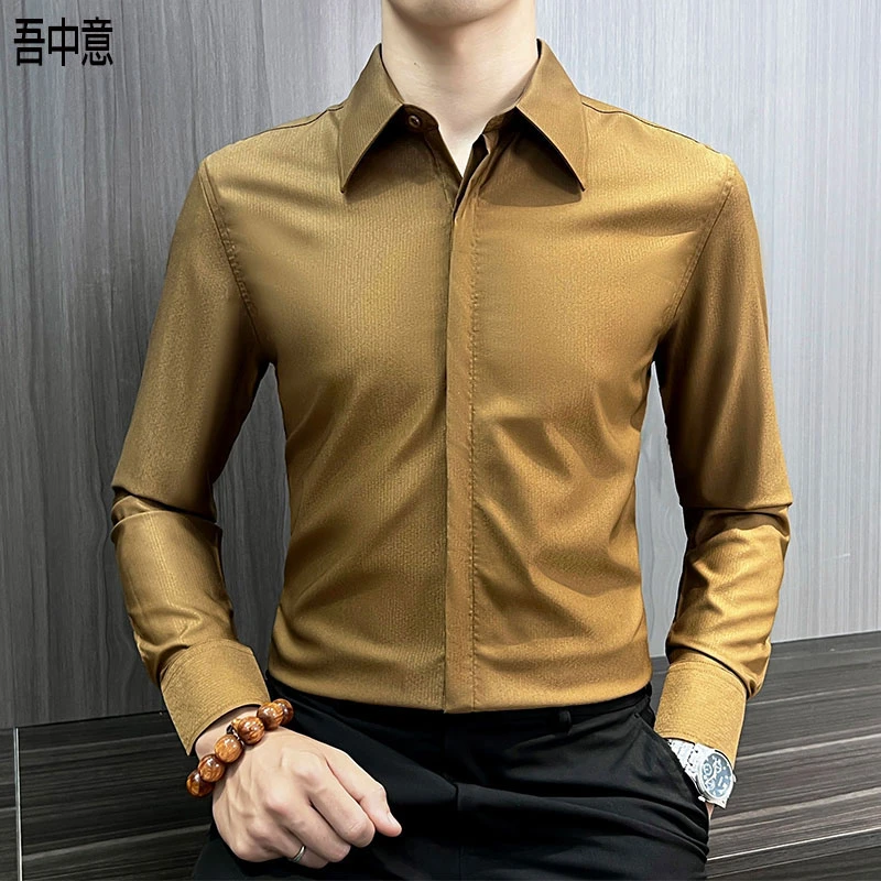 高级感暗条纹衬衫男款爆款2025新款春秋商务休闲时尚暗扣衬衣男