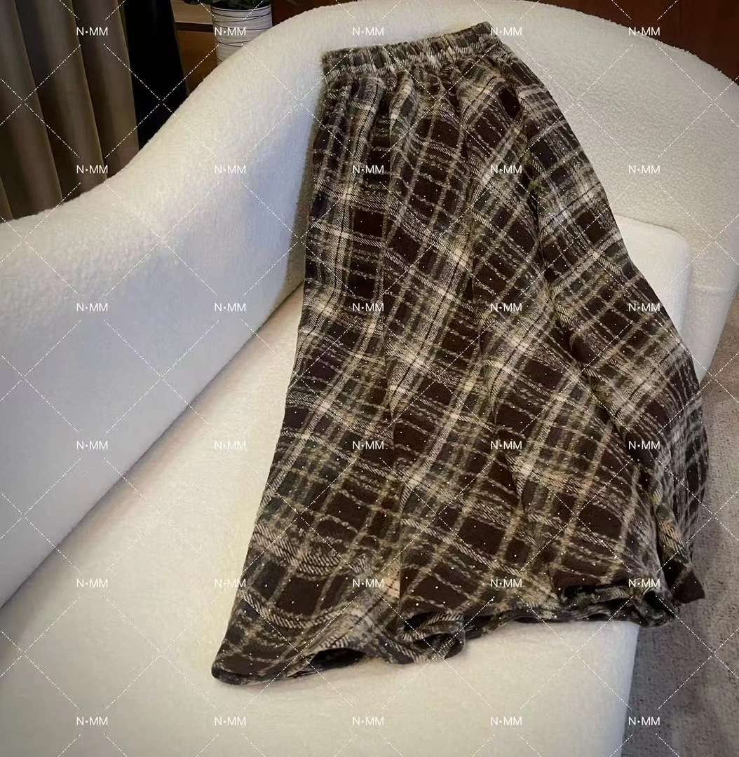 【N.MM】秋冬复古新款气质时尚A型中长裙条纹格子高腰半身裙D0019