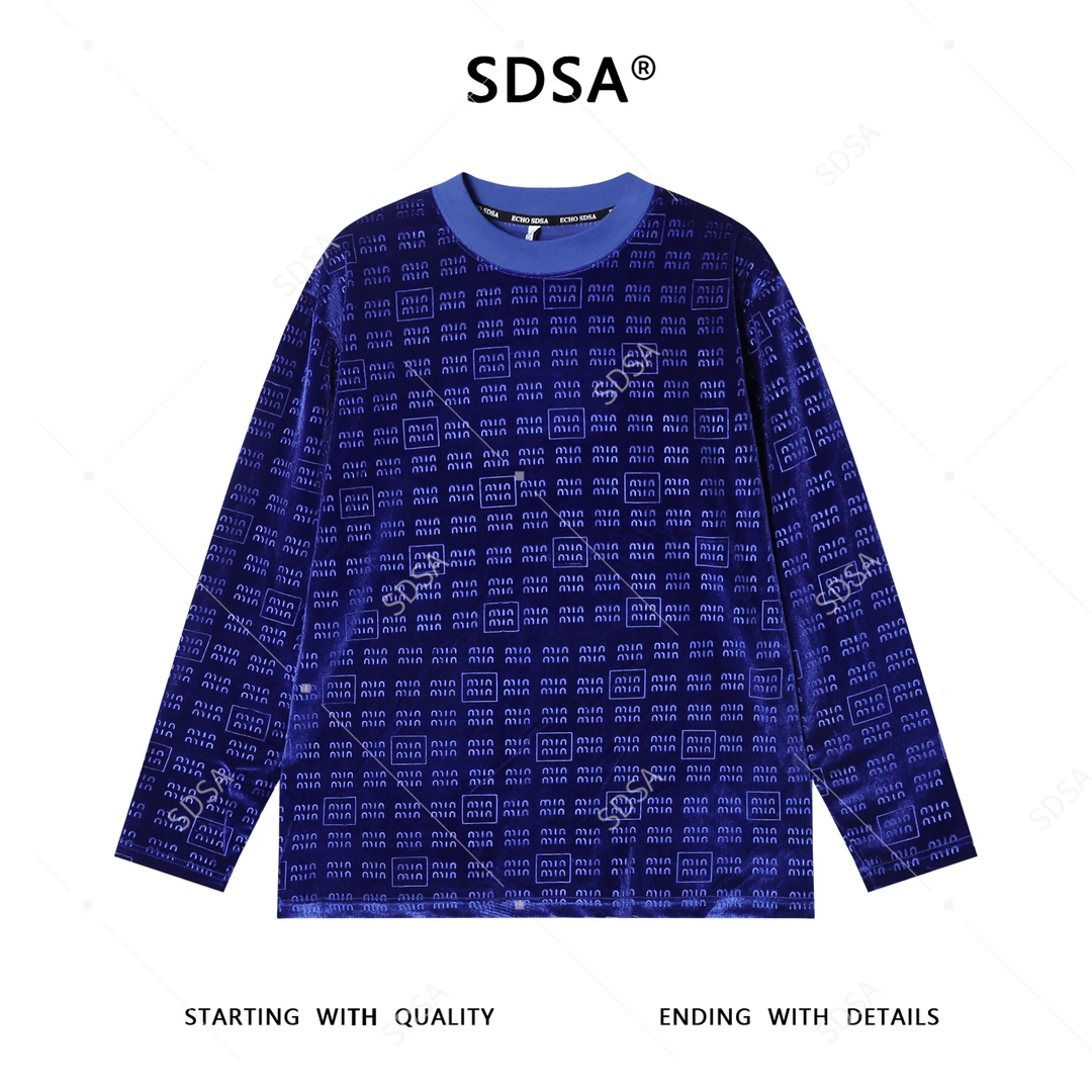 SDSA男士秋冬新款痞帅男装植绒满印刺绣字母圆领长袖T恤舒适百搭