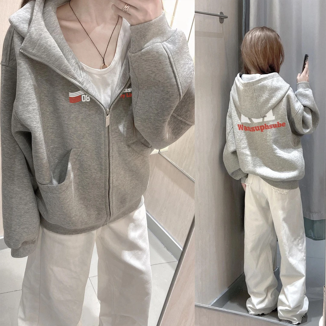 WASSUP HSUBE美式宽松潮流字母几何连帽拉链印花长袖秋冬情侣上衣