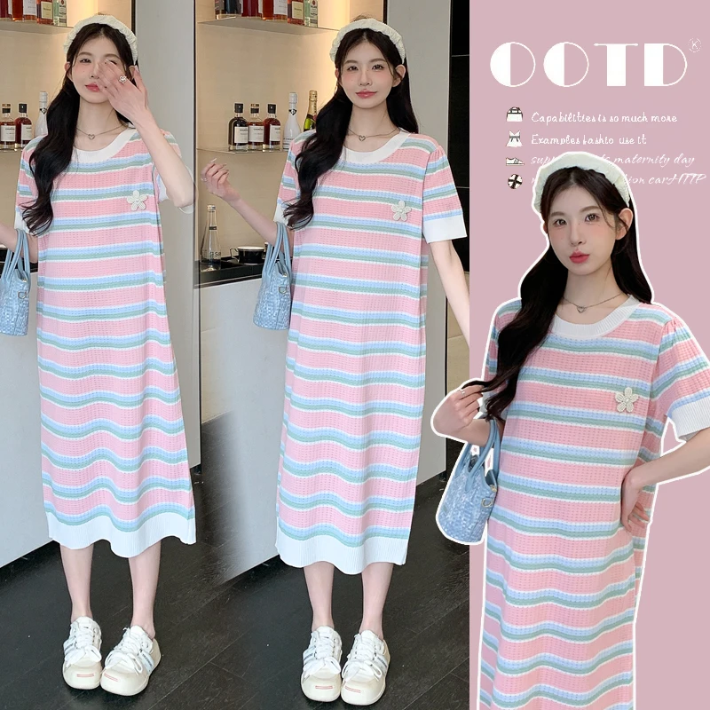 2025夏季新款孕妇装彩色短袖连衣裙温柔韩版显瘦中长款孕妇针织裙