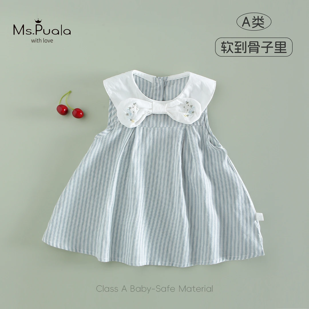 【Ms.Puala蓝色海岸】婴幼儿童装夏季裙子无袖连衣裙女蝴蝶结娃娃领